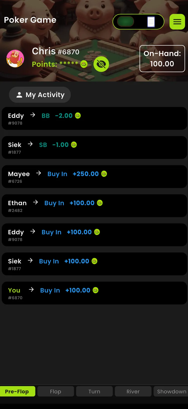 PartyPot Poker Mode activity log showing blinds and buy-ins recorded automatically